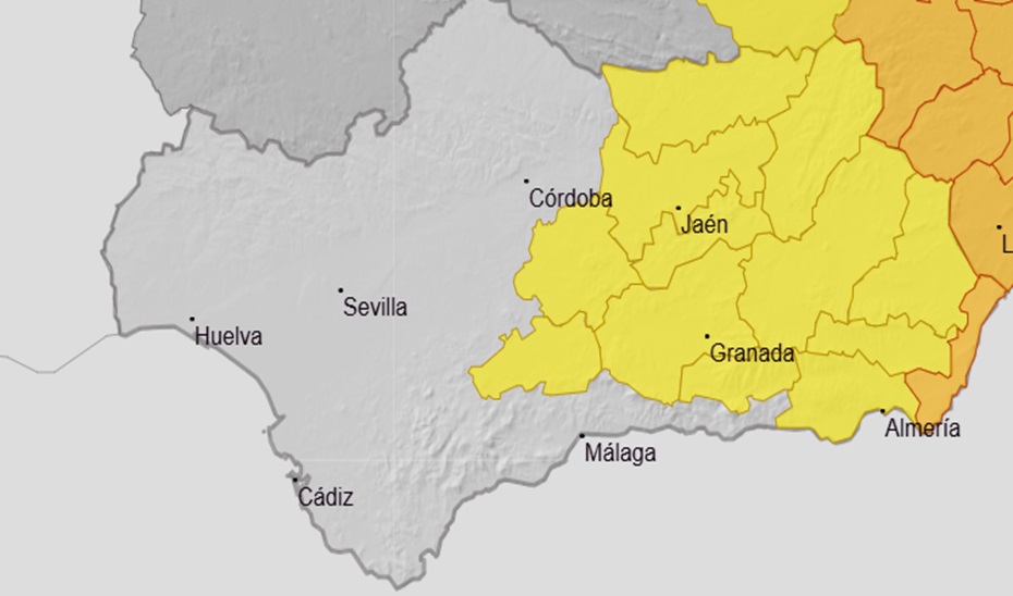 Mapa meteorológico de Aemet con los avisos por lluvias y tormentas en Andalucía