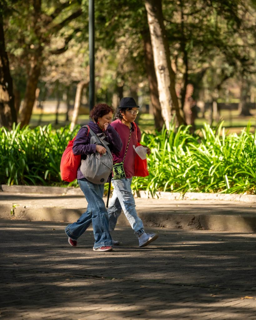 Casual couple strolling through a lush green park during the day, surrounded by trees and foliage.